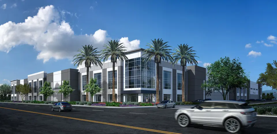 Rendering of the two-story glass office frontage of the Dillon Road Industrial building, with palm trees and landscaping along the street