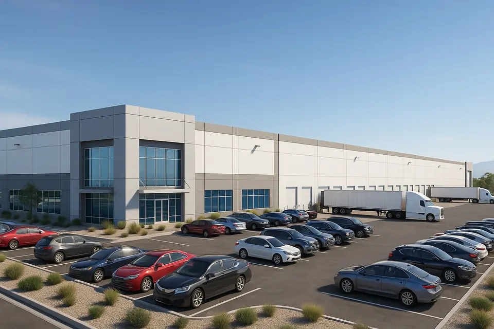 Rendering of the Dillon Road Industrial warehouse exterior with trucks at the dock doors