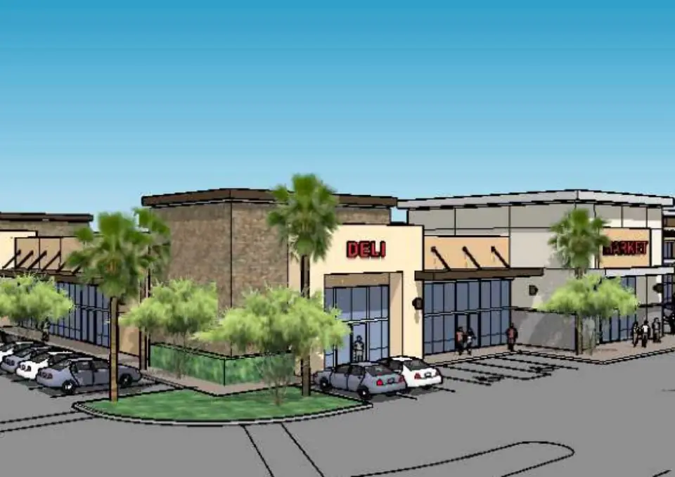 Rendering of The Desert Grove shopping center storefronts with palm trees